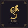 Capital Letter S with a Horse. Royal Logo. King Stallion in Jump. Racehorse Head Profile. Gold Monogram on Black Background with