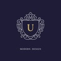 Capital letter U. Beautiful monogram. Elegant logo. Calligraphic design. Luxury emblem. Vintage ornament. Simple graphics style.