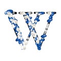 Capital letter W of the alphabet is decorated with jewelry and pearls. Precious blue and white pearls