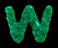 Capital letter W made of broken plastic green color isolated on black background