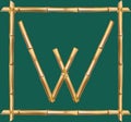 Capital letter W made of realistic brown dry bamboo poles inside of wooden stick frame
