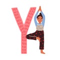 Capital letter Y of childish English alphabet with child practicing yoga. Funny kids font for children learning. Hand Royalty Free Stock Photo