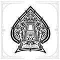 Capital lettern A in middle foral pattern inside ace of spades form. Vintage design playing card element Royalty Free Stock Photo