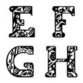 Capital letters with animals. Letters: E, F, G, H. Bear, squirrel, owl, raccoon, hedgehog, snail, branches, leaves, patterns.