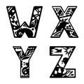 Capital letters with animals. Letters W, X, Y, Z. Bear, elk, snail, bird, nest, chicks, patterns. Black and white vector