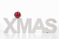 Capital letters forming the word xmas with striped colorful sphere on top on white background Royalty Free Stock Photo