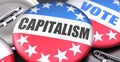 Capitalism and elections in the USA, pictured as pin-back buttons with American flag, to symbolize that Capitalism can be an