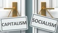 Capitalism or socialism as a choice in life - pictured as words Capitalism, socialism on doors to show that Capitalism and Royalty Free Stock Photo