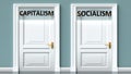 Capitalism and socialism as a choice - pictured as words Capitalism, socialism on doors to show that Capitalism and socialism are Royalty Free Stock Photo