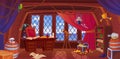 Capitan ship cabin. Cartoon ships room interior inside pirate wooden boat, wood table desk with navigation map barrel