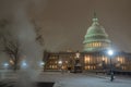 Capitol building in snow. Winter Capitol hill, Washington DC. Capitols dome in winter night snow. After the Snow
