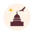 The Capitol building of the U.S. Congress, sun, clouds and soaring eagle. American symbols.