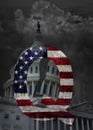 The Capitol building in Washington DC with dark storm clouds , split dome and QAnon symbol