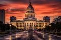 Capitol building in Washington DC at sunset, United States of America, Canada flag and beautiful Canadian landscapes, AI Generated Royalty Free Stock Photo