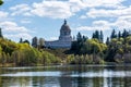 Capitol lake with the legistrative building in the distance.