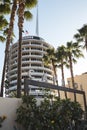 HOLLYWOOD, LOS ANGELES, UNITED STATES - Apr 06, 2018: Low angle view of Capitol Records\' Yucca Street entrance, framed by palm