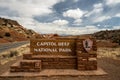 Capitol Reef National Park Sign With Snowstorm Covering The Mountains In The Distance Royalty Free Stock Photo