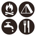 Capmfire sign, tent sign, drinking water sign and restaurant sign camping area icon set