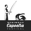 Capoeira dancer playing a instrument berimbau. Two capoeira dance fighter silhouette.