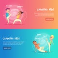 Capoeira kids banner for web design. Children are engaged in training capoeira movement. Cartoon concept vector