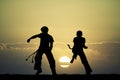 Capoeira silhouette at sunset Royalty Free Stock Photo