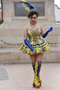 Caporales dancers in colourful costumes performing as they parade through the mining city of Potosi, ahead of Bolivian