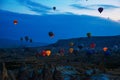 Cappadocia, Goreme, Anatolia, Turkey. Many Hot air balloon flying over rocks formations valley panorama spectacular Cappadocia