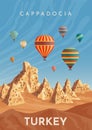 Cappadocia Hot Air Balloon Flight. Travel To Turkey. Retro Poster, Vintage Banner. Flat Vector Illustration