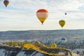 13.10.2022. Cappadocia, Turkey. breathtaking view of colorful air balloons floating in the sky and Cappadocia's