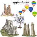 Cappadocia, Turkey. Colorful raster illustration of famous turkish travel. Evil eye, tree, caves, stones, fabulous Royalty Free Stock Photo