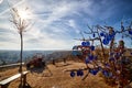 Cappadocia, Turkey - December 20, 2019: Ethnic things and toys and view from top place on the strange landscape in the Cappadocia