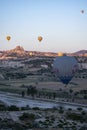 Cappadocia, Turkey, Uchisar, hot air balloons, dawn, adventure, fairy, landscape, natural wonders, valley, nature, aerial view Royalty Free Stock Photo