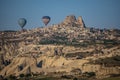 Cappadocia, Turkey, Uchisar, hot air balloons, adventure, fairy, landscape, natural wonders, valley, nature, aerial view Royalty Free Stock Photo