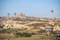 Cappadocia, Turkey, Uchisar, hot air balloons, adventure, fairy, landscape, natural wonders, valley, nature, aerial view Royalty Free Stock Photo