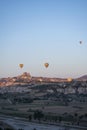 Cappadocia, Turkey, Uchisar, hot air balloons, dawn, adventure, fairy, landscape, natural wonders, valley, nature, aerial view Royalty Free Stock Photo