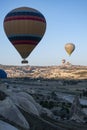 Cappadocia, Turkey, Uchisar, hot air balloons, adventure, fairy, landscape, natural wonders, valley, nature, aerial view Royalty Free Stock Photo