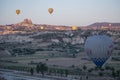 Cappadocia, Turkey, Uchisar, hot air balloons, dawn, adventure, fairy, landscape, natural wonders, valley, nature, aerial view Royalty Free Stock Photo