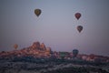 Cappadocia, Turkey, Uchisar, hot air balloons, dawn, adventure, fairy, landscape, natural wonders, valley, nature, aerial view Royalty Free Stock Photo