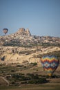 Cappadocia, Turkey, Uchisar, hot air balloons, adventure, fairy, landscape, natural wonders, valley, nature, aerial view Royalty Free Stock Photo