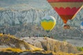 13.10.2022. Cappadocia, Turkey. gorgeous view of flying air balloons over Cappadocia at sunrise and lots of people