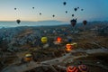 Cappadocia, Turkey: Hot Air Balloons are flying during sunrise in Cappadocia Region of Turkey
