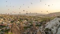 CAPPADOCIA, TURKEY - MAY 04, 2018: Hot air balloon flying over rock landscape at Cappadocia Turkey. Royalty Free Stock Photo