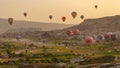 CAPPADOCIA, TURKEY - MAY 04, 2018: Hot air balloon flying over rock landscape at Cappadocia Turkey. Royalty Free Stock Photo