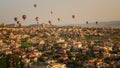 CAPPADOCIA, TURKEY - MAY 04, 2018: Hot air balloon flying over rock landscape at Cappadocia Turkey. Royalty Free Stock Photo