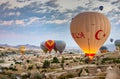 Cappadocia, Turkey - September 1, 2021 - Cappadocia Panoramic - Hot air balloon flying in early morning over rock landscape at Royalty Free Stock Photo