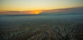 Cappadocia, Turkey: Top view early in the morning from the balloon, misty landscape with fog with mountains