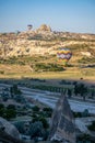 Cappadocia, Turkey, Uchisar, hot air balloons, adventure, fairy, landscape, natural wonders, valley, nature, aerial view Royalty Free Stock Photo