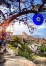 Cappadocia Uchisar castle and tree with amulets Royalty Free Stock Photo