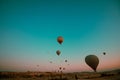 Cappadocia view. Hot air ballooning in Cappadocia at sunrise. Royalty Free Stock Photo