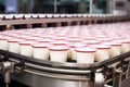 capped yogurt cups on moving conveyor belt